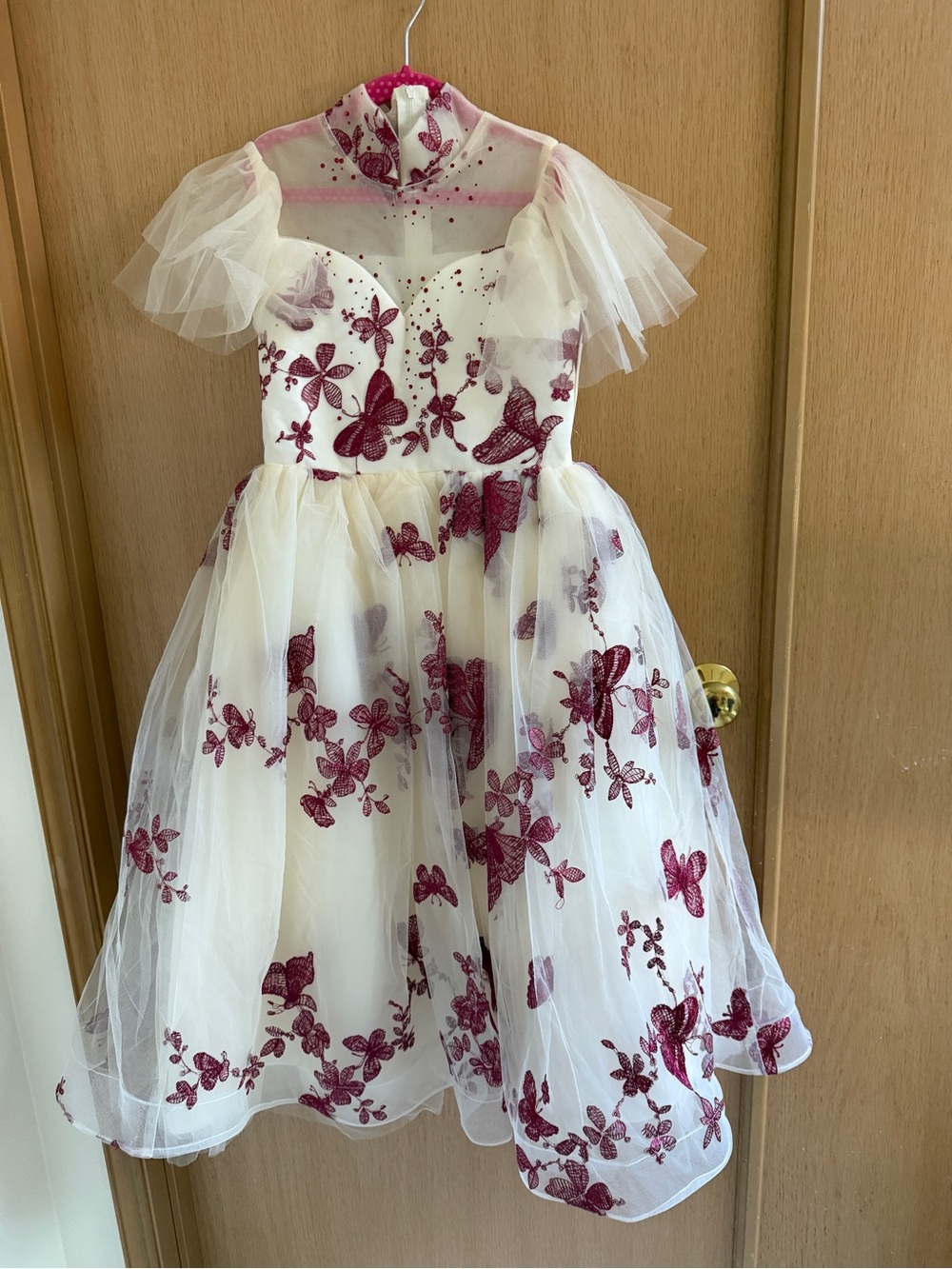 Girls' Ivory Dress with Burgundy Butterfly Embroidery - 6-8T